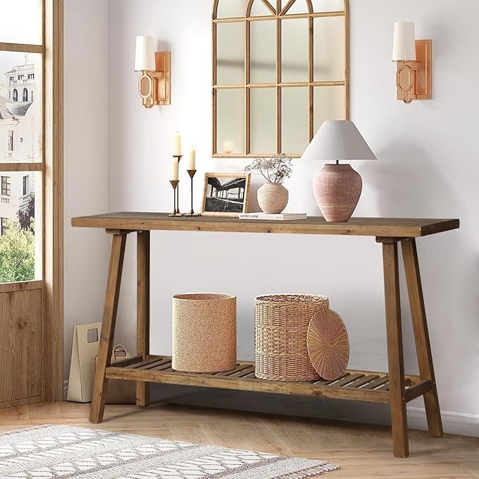 HOKYHOKY Reclaimed Solid Wood Console Table, 59" Long Farmhouse Entryway Tables, Rectangular Couch Table Behind Sofa, 2 Tiers Accent Tables for Hallway, Entrance, Foyer, Living Room