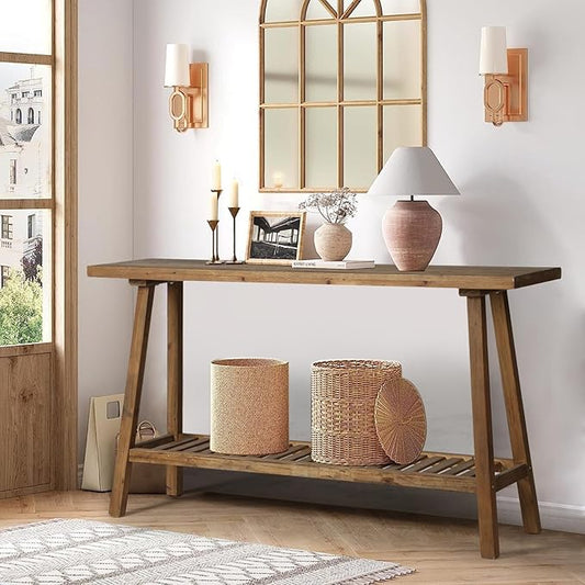 HOKYHOKY Reclaimed Solid Wood Console Table, 59" Long Farmhouse Entryway Tables, Rectangular Couch Table Behind Sofa, 2 Tiers Accent Tables for Hallway, Entrance, Foyer, Living Room