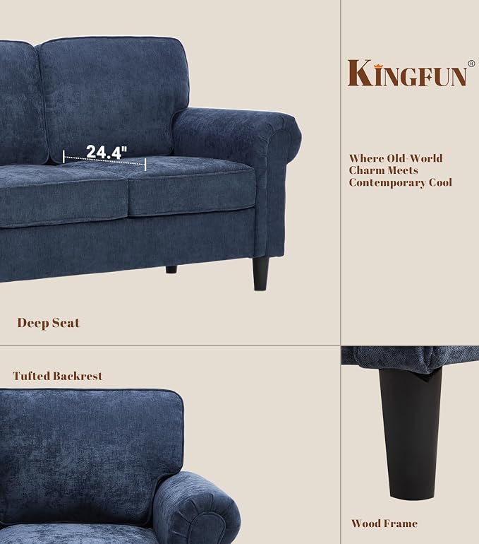 Kingfun Loveseat 2 Seater Couch, Mid Century Modern Chenille Sofa with Rolled Arms and Deep Seats, Fluffy Comfort for Living Room, Apartment, Easy Assembly, Blue