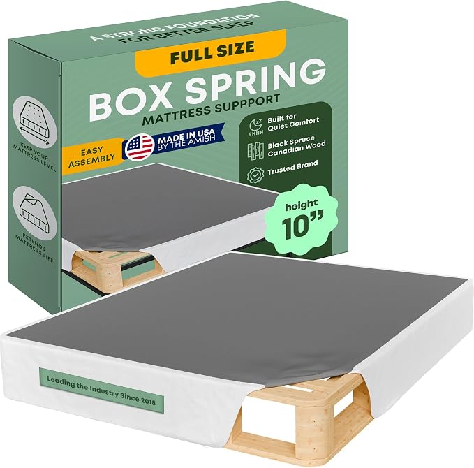 Greaton, 10” Full Size Box Spring Only for Full Size Bed – Amish-Made in the USA – Solid Wood Mattress Foundation with Stable & Quiet Support – Flat-Packed & Easy Assembly – White