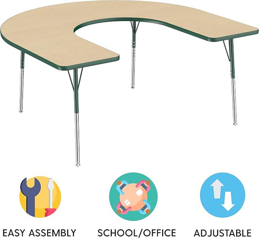FDP Horseshoe Activity School and Office Table (60 x 66 inch), Standard Legs with Swivel Glides for Collaborative Seating Environments, Adjustable Height 19-30 inches - Maple Top and Green Edge
