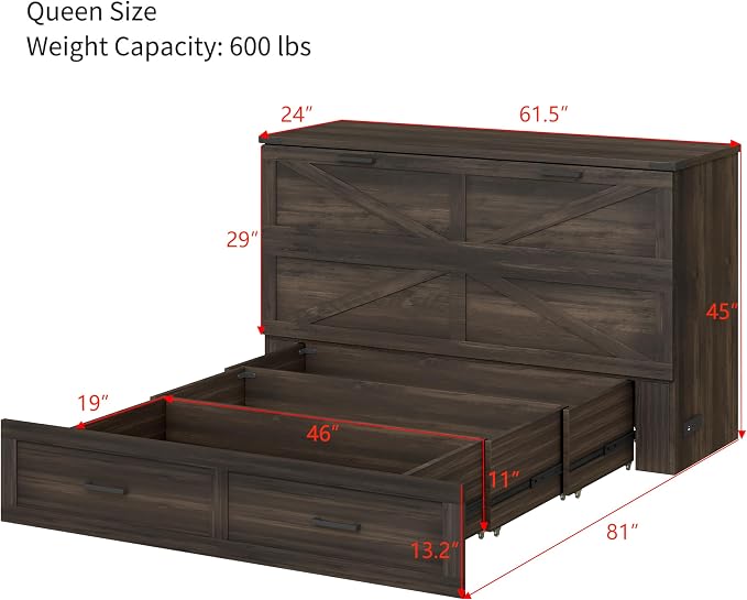 Merax Farmhouse Wood Murphy Bed Chest with Charging Station, Foldable Wall Platform Bed with Storage Drawer/Space Saving/Wood Slat Support/Queen, Gray