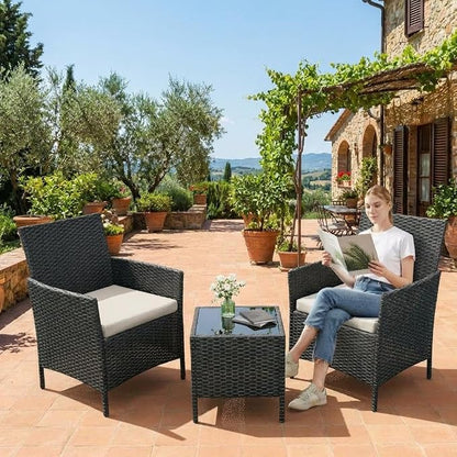 3PCS Outdoor Patio Bistro Set, PE Wicker Armchairs with Coffee Table, Beige