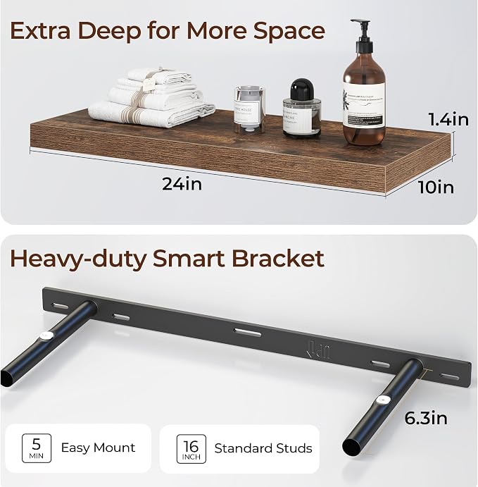 Fun Memories Floating Shelves for Wall 24 Inch Set of 3, Farmhouse Floating Shelves with Invisible Heavy Duty Bracket, 10 Inch Deep Bathroom Shelves for Storage, Living Room, Kitchen, Decor, Brown
