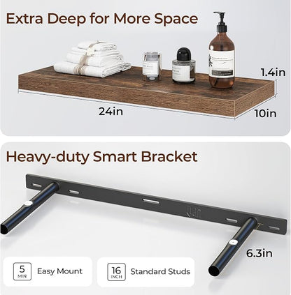 Fun Memories Floating Shelves for Wall 24 Inch Set of 3, Farmhouse Floating Shelves with Invisible Heavy Duty Bracket, 10 Inch Deep Bathroom Shelves for Storage, Living Room, Kitchen, Decor, Brown