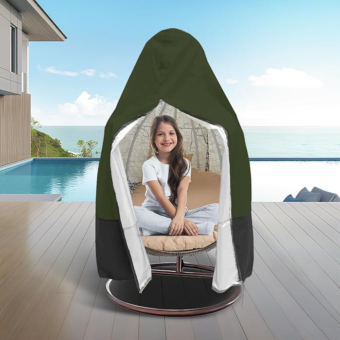 Egg Chair Cover Waterproof, 75x45 Inch Outdoor Hanging Egg Swing Chair Cover, Heavy Duty 420D Oxford Fabric, UV Resistant Windproof with Zipper & Drawstring, Fits Single Seat Egg Chair (Army Green)