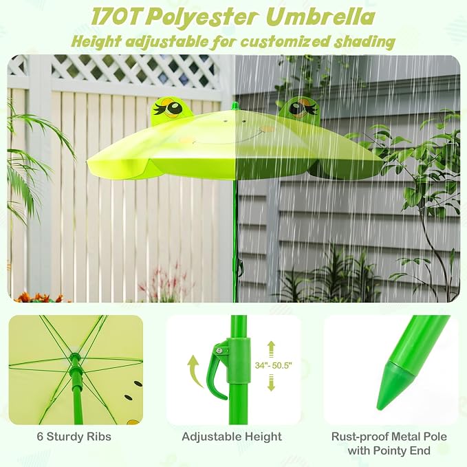 HONEY JOY Kids Picnic Table, Animal Themed Toddler Outdoor Table and Chair Set, 2 Folding Chairs & Removable Umbrella, Children Outdoor Furniture for Backyard Patio Garden (Light Green Frog)