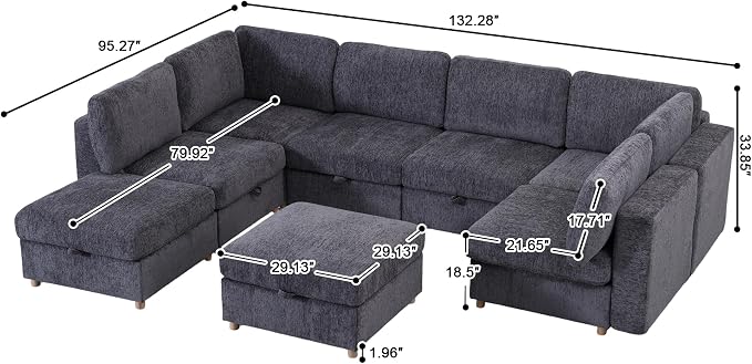 ERYE 132-Inch Oversized U Shaped Sectional Sofa 8 Seat Modular Storage Sofa Couch W/Deep Seat,Skin Friendly Plush Chenille Upholstered Corner Convertible Sectional W/Movable Ottoman