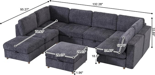 ERYE 132-Inch Oversized U Shaped Sectional Sofa 8 Seat Modular Storage Sofa Couch W/Deep Seat,Skin Friendly Plush Chenille Upholstered Corner Convertible Sectional W/Movable Ottoman