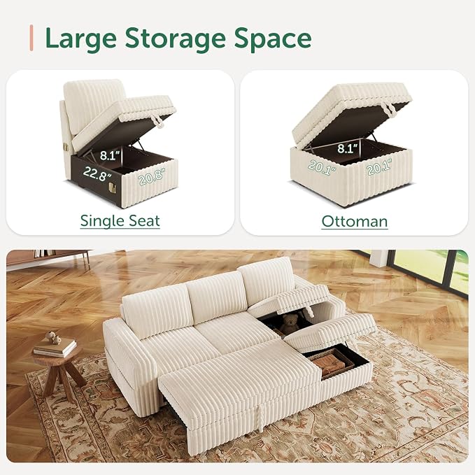 HONBAY Modular Sectional Sofa with Pull Out Bed,Corduroy L Shaped Sleeper Sofa with Storage, Sectional Couches for Living Room,Beige