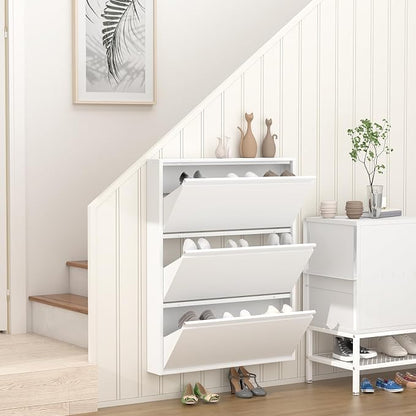GREATMEET Shoe Rack for Closet, Slim Wall Mounted Metal Cabinet with 3 Flip Drawers, Steel Hidden Shoe Cabinet Storage for Entryway, Modern Narrow Shoe Organizer Cabinet for Mudroom, Hallway, White
