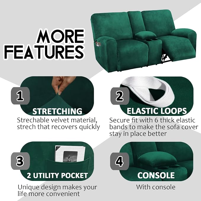 Reclining Love Seat with Middle Console Slipcover, 8-Piece Velvet Stretch Loveseat Reclining Sofa Covers, 2 seat Loveseat Recliner Cover, Thick, Soft, Washable, Loveseat Slipcovers (Retro Green)