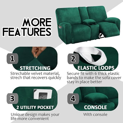 Reclining Love Seat with Middle Console Slipcover, 8-Piece Velvet Stretch Loveseat Reclining Sofa Covers, 2 seat Loveseat Recliner Cover, Thick, Soft, Washable, Loveseat Slipcovers (Retro Green)