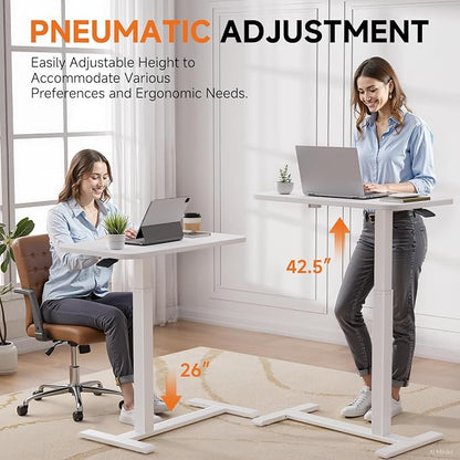 GTPLAYER Small Standing Desk with Hidden Wheels, Pneumatic Mobile Rolling Laptop Desk, Adjustable Height Overbed Bedside Table Computer Workstation for Home Office (28" W x 16" D, White)