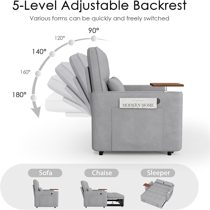 54'' Sleeper Sofa Bed, Convertible Pull Out Couch Futon for for Living Room,Apartment (Midgrey) Side Desk, USB Ports, Cup Hold, Velvet Fabric, Adjustable Backrest, Easy Assembly