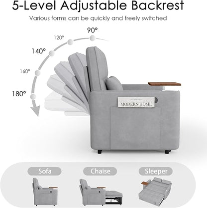 54'' Sleeper Sofa Bed, Convertible Pull Out Couch Futon for for Living Room,Apartment (Midgrey) Side Desk, USB Ports, Cup Hold, Velvet Fabric, Adjustable Backrest, Easy Assembly