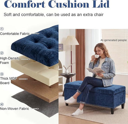 Asense 41" Storage Ottoman Bench, Faux Leather Tufted Upholstered End of Bed Bench with Safety Hinge for Bedroom,Entryway,Living Room,Drak Blue