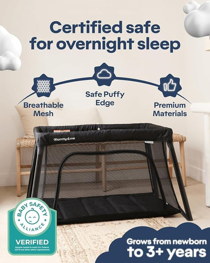 Mommy&Me Travel Crib for Baby and Toddler, Black | Lightweight 14 lb, Portable Playard, Folds in Seconds with Carry Bag, Breathable Mesh Sides, Easy Side-Zip Access