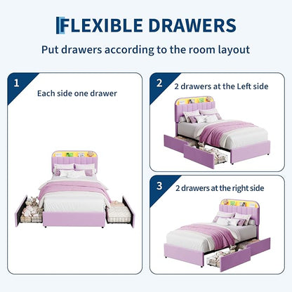 GarveeHome Twin Bed Frame with Storage Headboard, Kids Bed Frame with 2 Drawers, Velvet Upholstered Platform Bed Frame with Lights, No Box Spring Needed, Easy Assembly, Velvet Purple