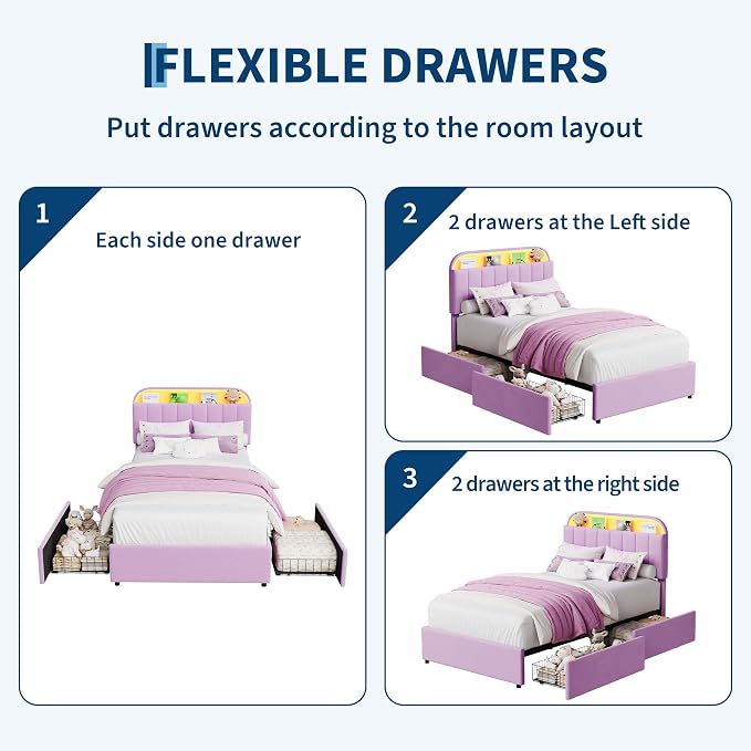 GarveeHome Twin XL Bed Frame with Storage Headboard, Kids Bed Frame with 2 Drawers, Velvet Upholstered Platform Bed Frame with Lights, No Box Spring Needed, Easy Assembly, Velvet Purple