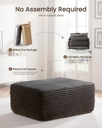 37" Plush Boneless Ottoman, Upholstered Cloud Footrest for Boneless Couch in a Box,Oversize Poufs for Living Room & Bedroom Sofa Ottoman,Comfy Seating with Dense Foam, Grey (Plush Corduroy Fabric)