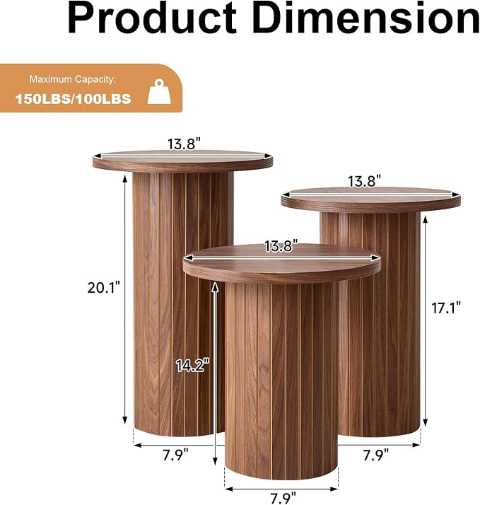 3-Piece Nesting Coffee Table Set, Modern Small Round Side Tables Fluted Drum Base, for Living Room Bedroom Apartment Small Space, Brown