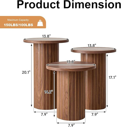 3-Piece Nesting Coffee Table Set, Modern Small Round Side Tables Fluted Drum Base, for Living Room Bedroom Apartment Small Space, Brown