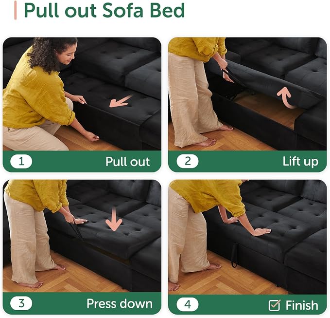 HONBAY Modular Sectional Sleeper Sofa with Pull Out Bed, U Shaped Sleeper Couches with Storage Chaise, 114'' Sleeper Sectional Sofas for Living Room, Apartment (Velvet Black)