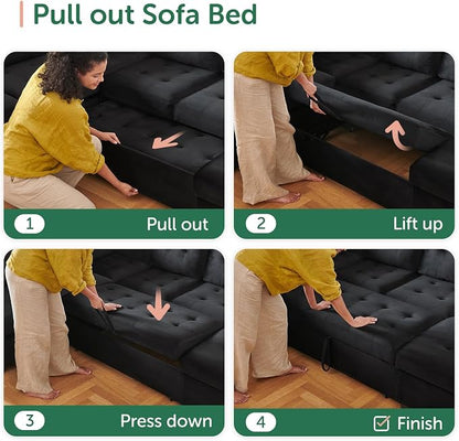HONBAY Modular Sectional Sleeper Sofa with Pull Out Bed, U Shaped Sleeper Couches with Storage Chaise, 114'' Sleeper Sectional Sofas for Living Room, Apartment (Velvet Black)