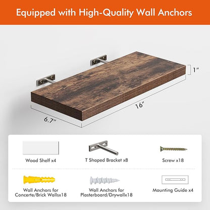 YUFLINX 16’’Rustic Brown Floating Shelves for Wall Set of 4,Rustic Wood Shelf for Room Decor/Storage/Display,Small Bookshelf,Wall Mounted Hanging Shelves for Bedroom, Bathroom, Living Room, Kitchen