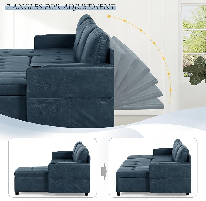 110 inches Suede Leather Sleeper Sofa w/Pull Out Bed, U-Shape Sectional Sofa Bed w/Adjustable Backrest and Storage Chaises, 4-Seats Upholstered Sofa Bed w/USB Port for Living Room, Blue