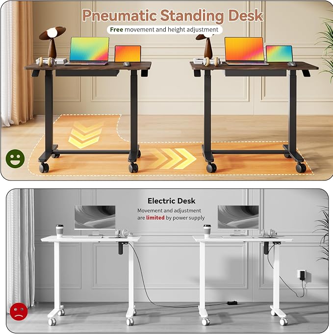 Mobile Standing Desk, 35inch Small Rolling Table with Drawer, Height Adjustable Sit Stand Workstation, Walnut Portable Laptop Cart with Hidden Wheels or Lockable Casters