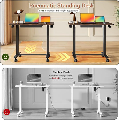 Mobile Standing Desk, 35inch Small Rolling Table with Drawer, Height Adjustable Sit Stand Workstation, Walnut Portable Laptop Cart with Hidden Wheels or Lockable Casters