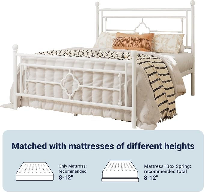 Allewie Full Size Metal Platform Bed Frame with Victorian Vintage Headboard and Footboard/Mattress Foundation/Under Bed Storage/No Box Spring Needed/Noise-Free/Easy Assembly, White