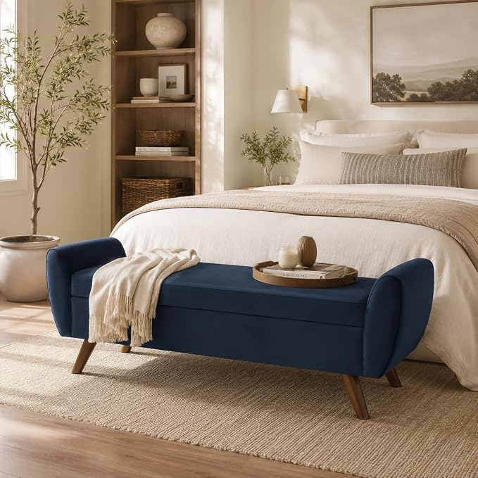 HomePop 60" Modern Storage Bench with Wood Legs - Blue Velvet