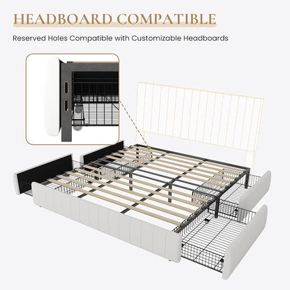 SHA CERLIN King Size Velvet Upholstered Platform Bed Frame with 4 Storage Drawers, Vertical Channel Tufted, Low Profile, Fits Standard Headboards, Wooden Slats Support, Easy Assembly, White