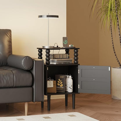 Black Nightstand with Outlet,Storage Drawer and Open Wood Shelf,Wood Legs | Mid-Century Modern Bedside Table for Bedroom and Small Spaces,Easy Assembly Solid Wood Legs