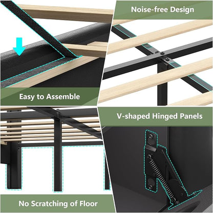 Dnxao Floating Bed Frame King with Storage Headboard & LED Lights, PU Black | Charging Station & Open Shelves, Hidden Storage PU Upholstered Headboard, No Box Spring Needed, Noise-Free, Easy Assembly