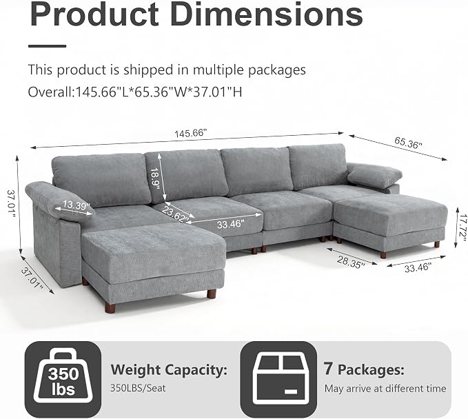Oversized L Shaped Sectional Couch for Living Room, Extra Large Deep Seat Modular Sectional Sofa with Washable Covers, Modern Cloud Couch for Apartment, Bedroom (Light Gray, U Shape 6 Seat)