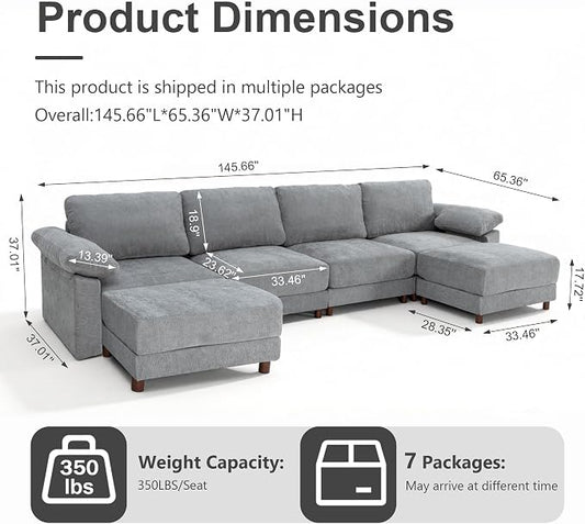 Oversized L Shaped Sectional Couch for Living Room, Extra Large Deep Seat Modular Sectional Sofa with Washable Covers, Modern Cloud Couch for Apartment, Bedroom (Light Gray, U Shape 6 Seat)