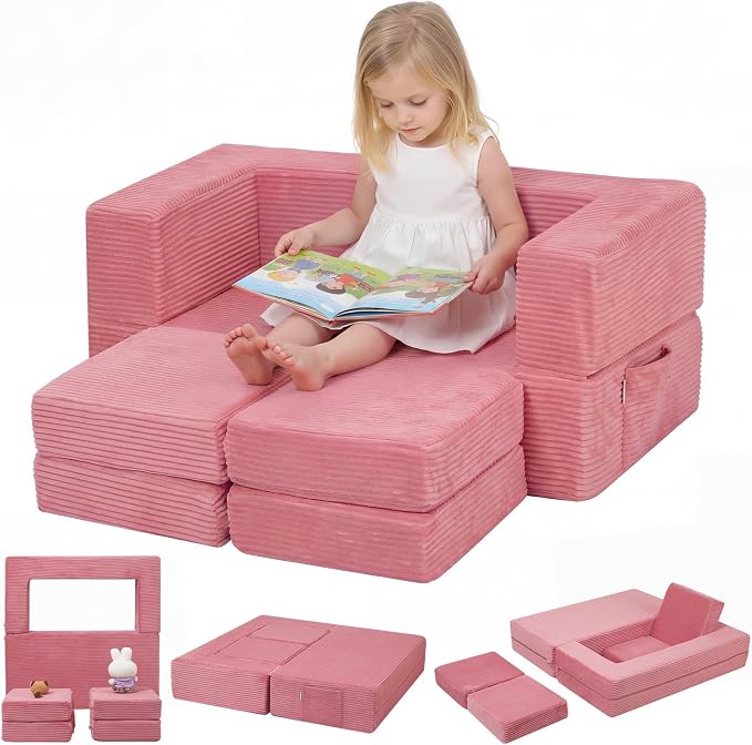 MeMoreCool Pink Corduroy Kids Play Couch, Modular Toddler Couch for Girl's Bedroom, Convertible Foam Kids Sofa Fold Out, Washable Cover, Playroom Furniture for Girls Ages 1-5