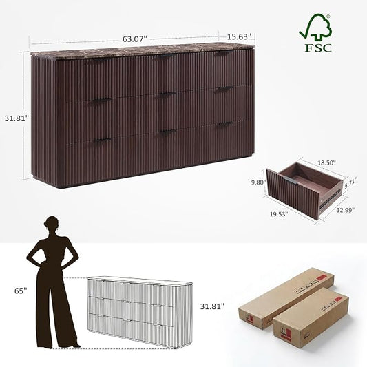 Dresser for Bedroom with 9 Drawers, 63"W Chest of Drawers, Fluted Dresser with Faux Marble Top, Curved Profile Design, Metal Handle, Wood Closet Storage Organizer for Living Room, Hallway, Dark Oak