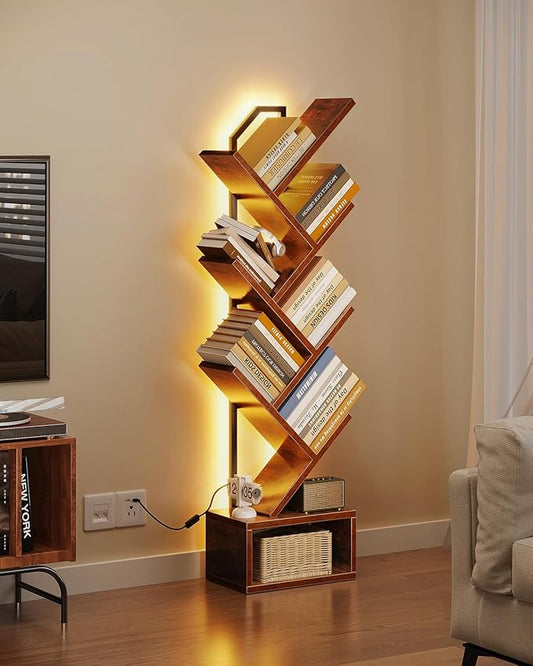 Casaottima Tree Bookshelf with LED Lights, 6-Tier Narrow Bookcase for Small Spaces, Tall Steel & Wood Storage Shelf with Cabinet, Home Decor & Organizer for Living Room/Bedroom/Home Office, Vintage