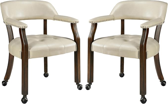 LEEMTORIG Set of 2 Dining Chairs with Casters and Arm, Large Rolling Dining Chairs with Wheel, Solid Wood Game Poker Table Chair, 26" D x 25.2" W x 31.5" H, Espresso Legs & Beige PU, XXY-1910-BG