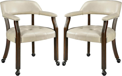 LEEMTORIG Set of 2 Dining Chairs with Casters and Arm, Large Rolling Dining Chairs with Wheel, Solid Wood Game Poker Table Chair, 26" D x 25.2" W x 31.5" H, Espresso Legs & Beige PU, XXY-1910-BG