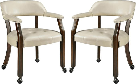 LEEMTORIG Set of 2 Dining Chairs with Casters and Arm, Large Rolling Dining Chairs with Wheel, Solid Wood Game Poker Table Chair, 26" D x 25.2" W x 31.5" H, Espresso Legs & Beige PU, XXY-1910-BG