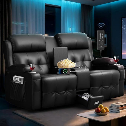 Loveseat Recliner Sofa, Home Theater Seating with Massage, Reclining Loveseats with Console, Wall Hugger RV Couch Movie Theater Chairs, RV Furniture Sofas with USB, Cup Holders, Drawer for Gaming Room
