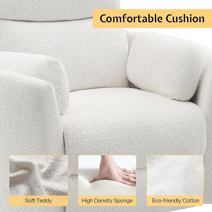Jocisland Power Recliner Nursery Chair for Adults, Electric Swivel Rocking Glider with USB & Type-C Charge, Teddy Sherpa Armchair with 2 Pillows, Cozy Reclining Sofa for Living Room, Bedroom, White