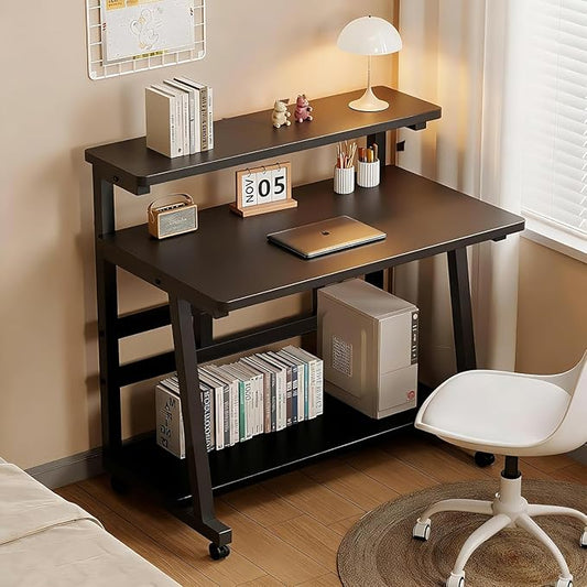 Rolling Computer Desk, 31.5 Inch Small Desks For Small Space, Portable Small Computer Desk with Monitor Stand & 3-Tier Storage, Portable Desk on Wheels for Writing, Home Office, Small Desk for Bedroom
