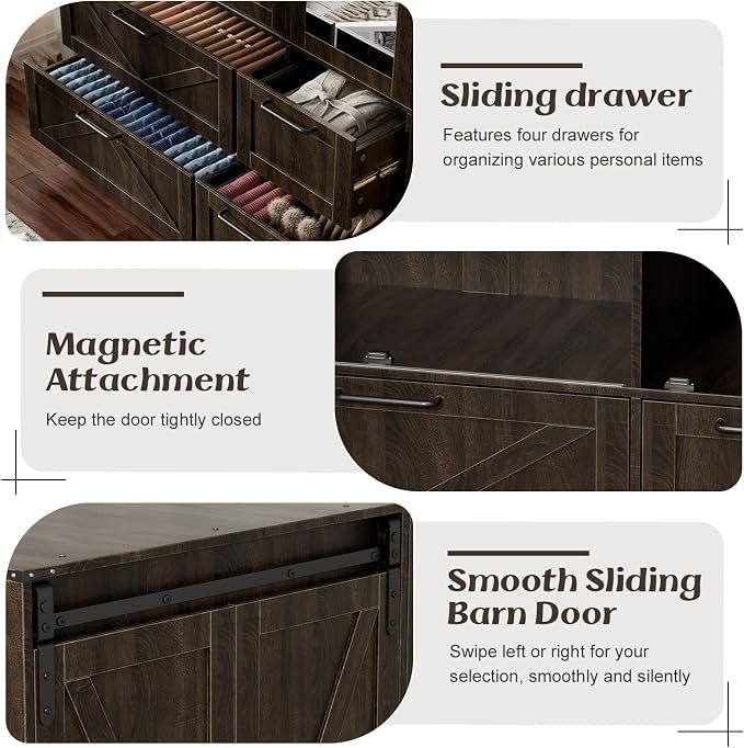 PAKASEPT Armoire Wardrobe Closet with w/Folding Sliding Barn Door | Bedroom Armoires with Mirror and LED Lights, Hanging Rod, 9 Door Armoire for Bedroom